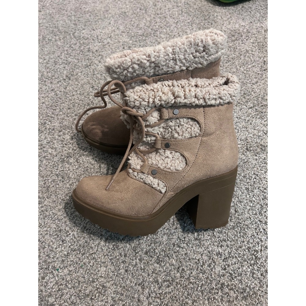 Madden Girl Women's Tan Faux Suede Sherpa Lined Lace Up High‎ Heel Boots
